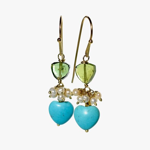 18K Solid Gold Turquoise, Green Tourmaline/Pearl Beaded Drop Dangle Earrings - Picture 4 of 6